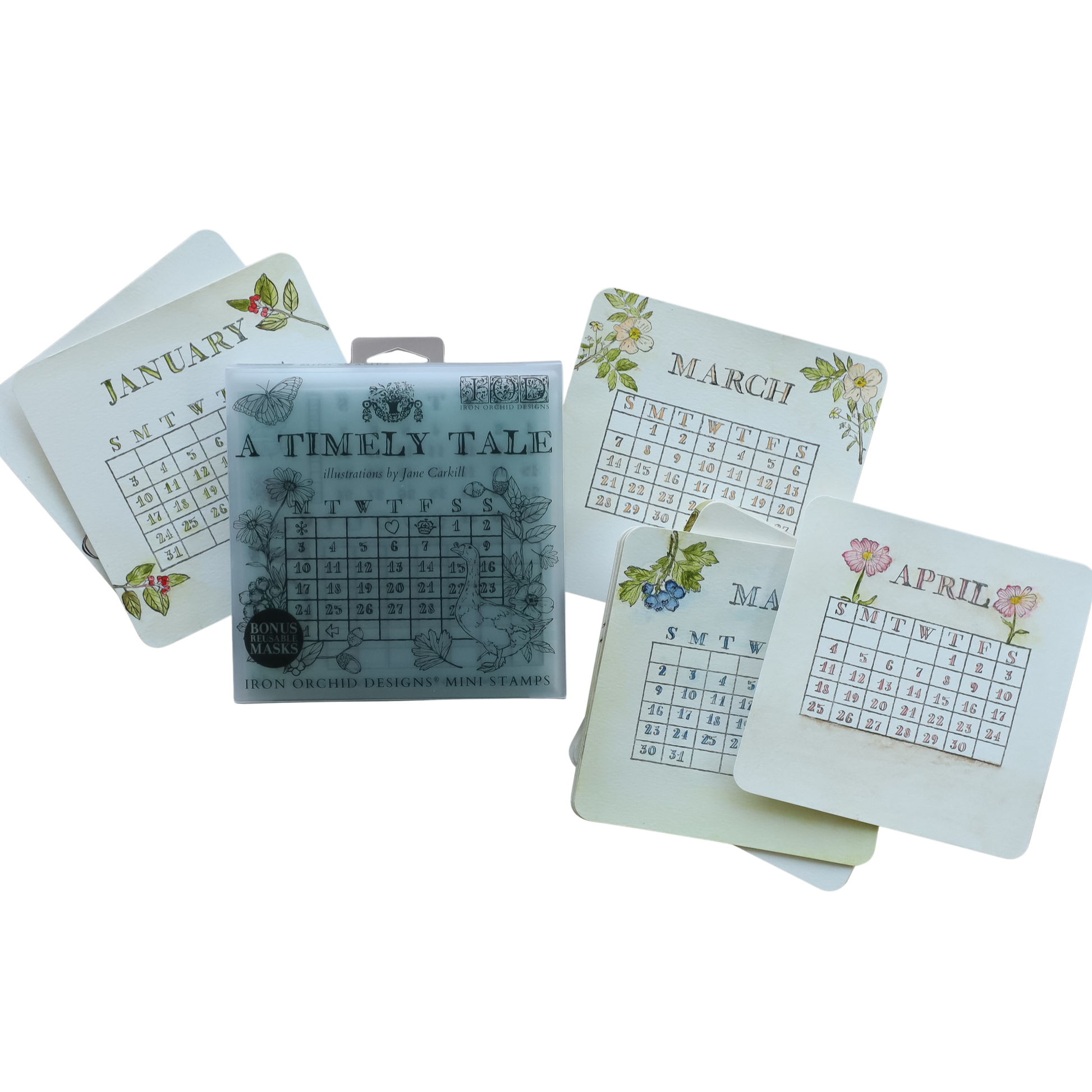 A TImely Tale IOD MIni Stamp Boxed Set with some colorful calendar cards on a white background.