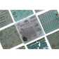 A collage of mini stamp sheets  from Iron Orchid Designs' 'A Timely Tale' collection, featuring various decorative designs in light gray and teal-blue tones on a white background.