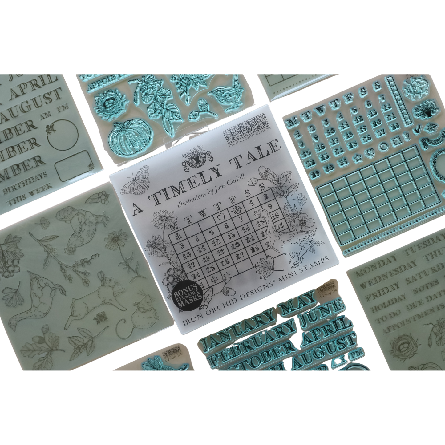 A collage of mini stamp sheets  from Iron Orchid Designs' 'A Timely Tale' collection, featuring various decorative designs in light gray and teal-blue tones on a white background.