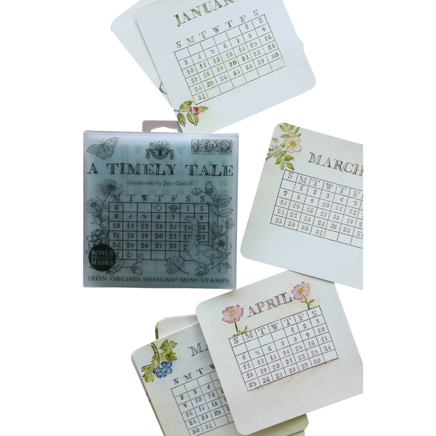 A Timely Tale IOD Mini Stamp Boxed Set shown both inside their clear plastic packaging and arranged individually on a white background. The stamps feature floral accents and monthly grids from January to April.
