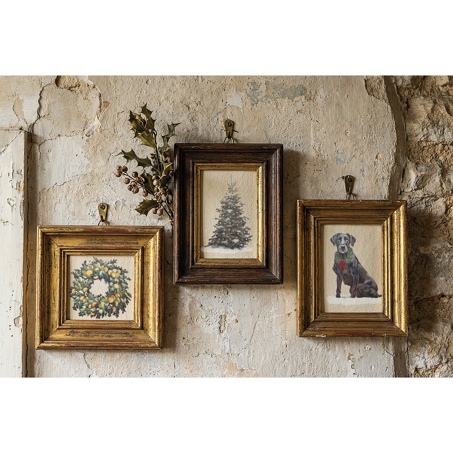 Three framed vintage-style prints hang on a distressed plaster wall. The left frame shows a floral wreath, the center frame shows a Christmas tree, and the right frame shows a dog portrait.