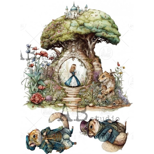 "Alice in Wonderland Tree House" decoupage rice paper by AB Studio. Available at Milton's Daughter.