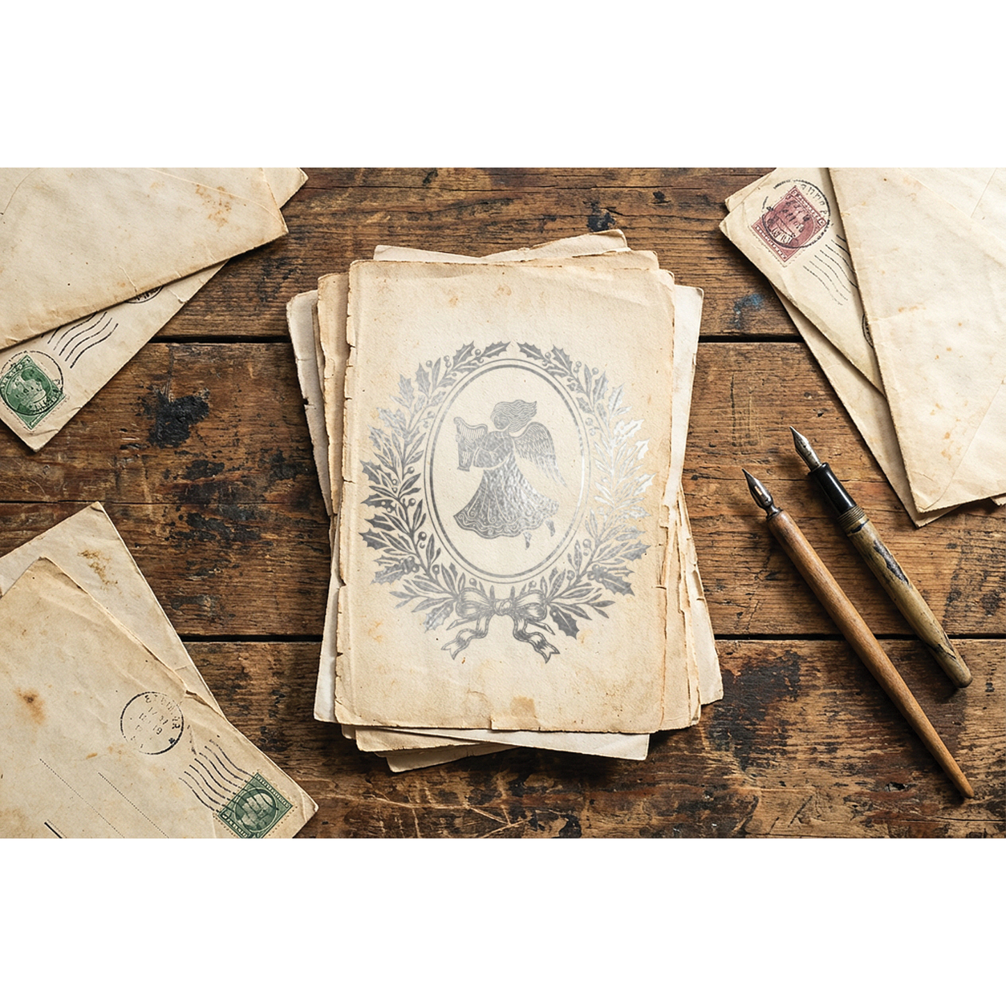 A stack of vintage aged paper postcards or letters with a silver transfer image of an angel, displayed on a rustic wooden table alongside old envelopes and two fountain pens.