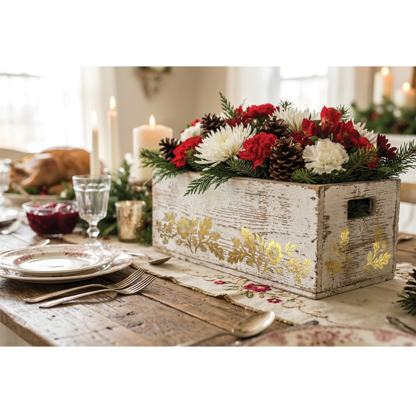 A rustic white wooden box centerpiece with gold floral transfer decals, filled with red and white flowers, greenery, and pinecones, styled on a holiday table setting.