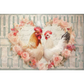 Two chickens surrounded by flowers with a decorative background
