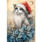 A festive illustration of a fluffy white cat wearing a red Santa hat, surrounded by large blue poinsettia flowers on a warm beige background with a crescent moon.