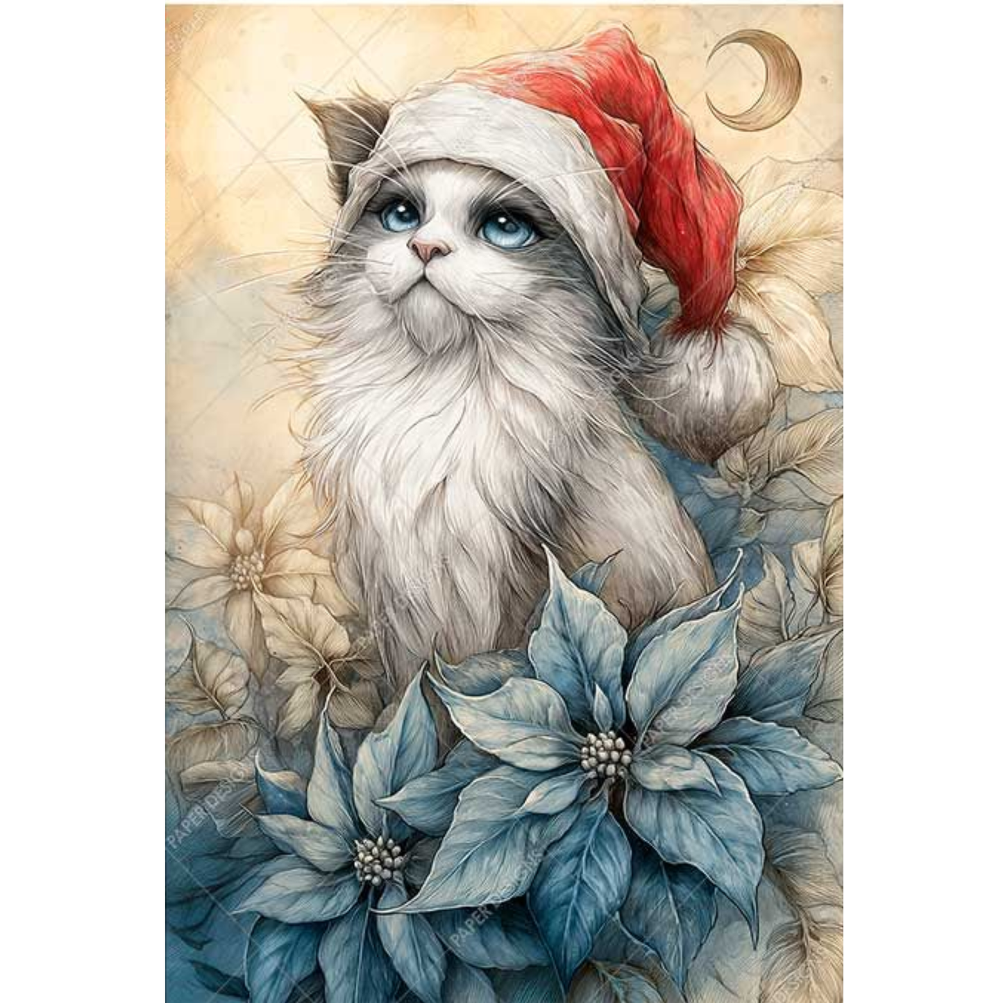 A festive illustration of a fluffy white cat wearing a red Santa hat, surrounded by large blue poinsettia flowers on a warm beige background with a crescent moon.