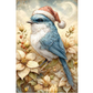A decorative illustration of a blue-and-white bird perched among cream flowers and green leaves, wearing a Santa hat, with a pale sky and moon in the background.