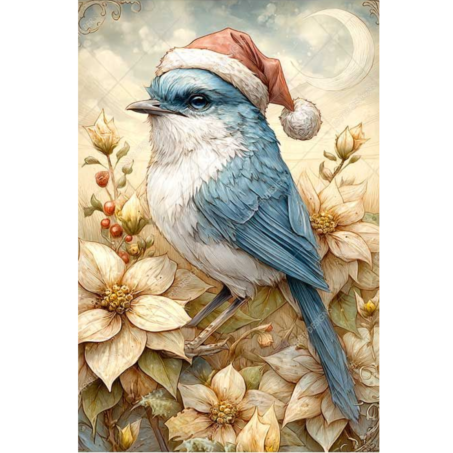 A decorative illustration of a blue-and-white bird perched among cream flowers and green leaves, wearing a Santa hat, with a pale sky and moon in the background.