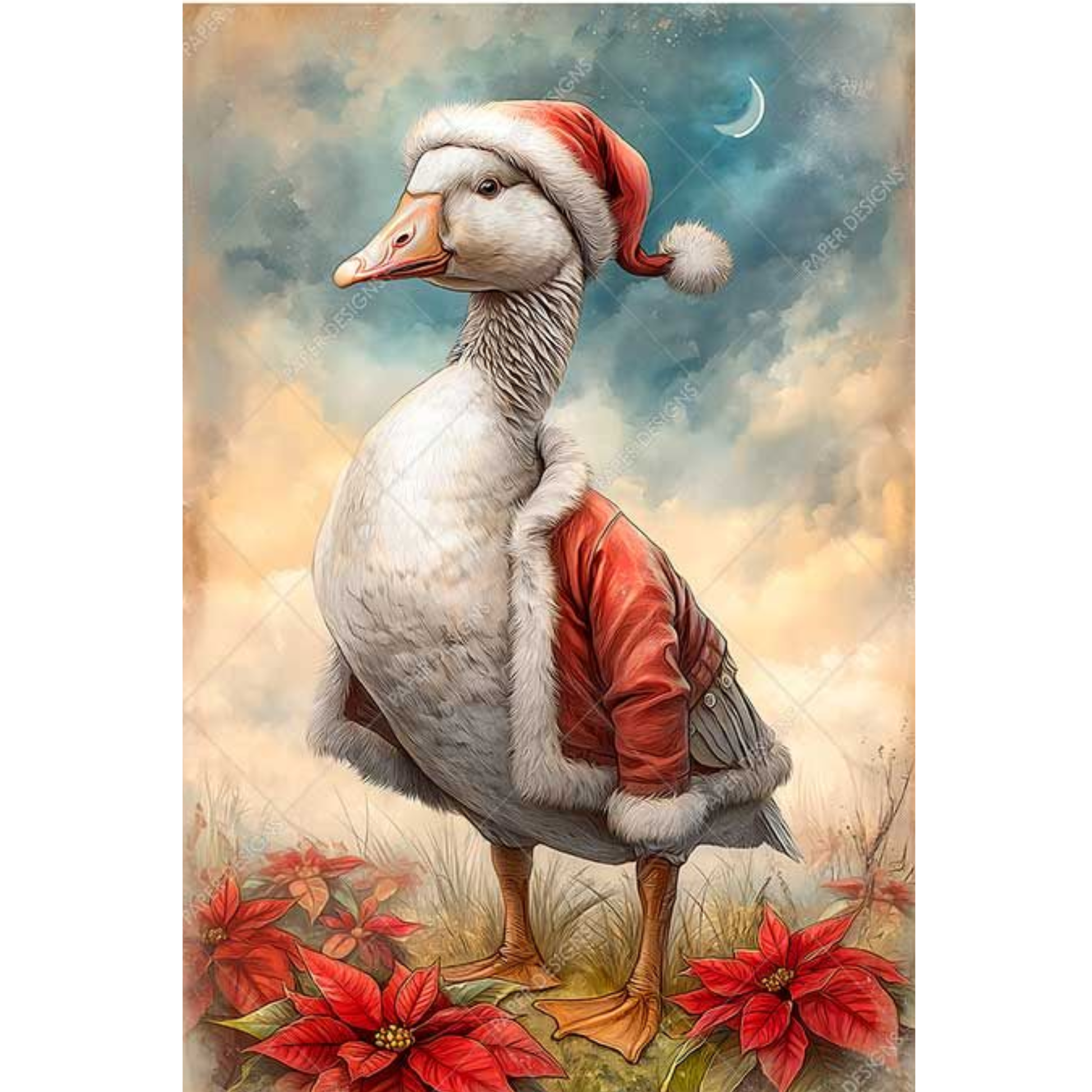 A whimsical illustration of a goose dressed in a Santa hat and red coat, standing among red poinsettias under a cloudy sky with a crescent moon.