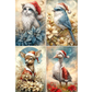 Four illustrated whimsical images of a cat, a bluebird, a fawn and a goose, each wearing santa hats against a blue sky.