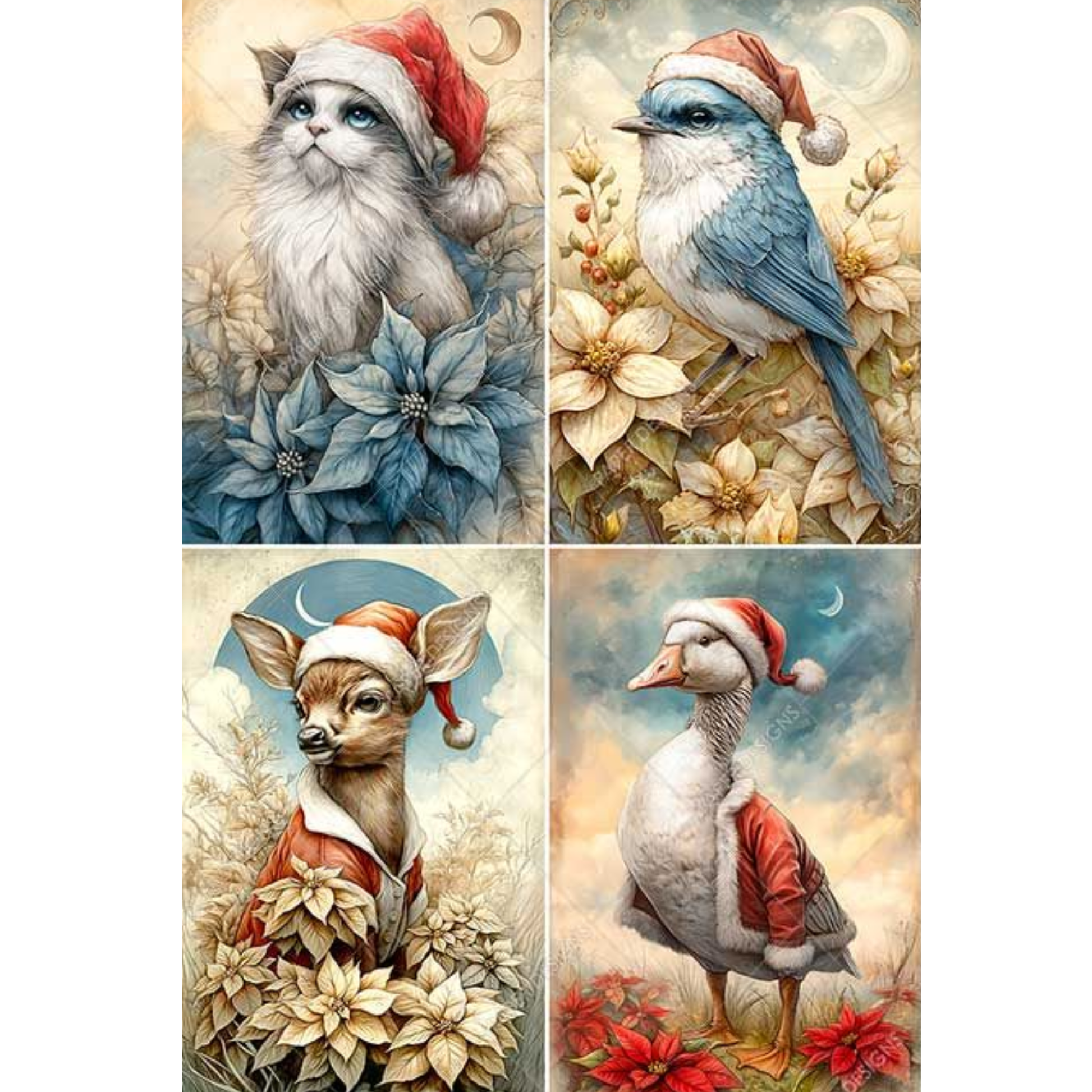 Four illustrated whimsical images of a cat, a bluebird, a fawn and a goose, each wearing santa hats against a blue sky.