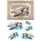 Decorative panel with a vintage-style illustration of a turtle and smaller turtle images below on a white background.