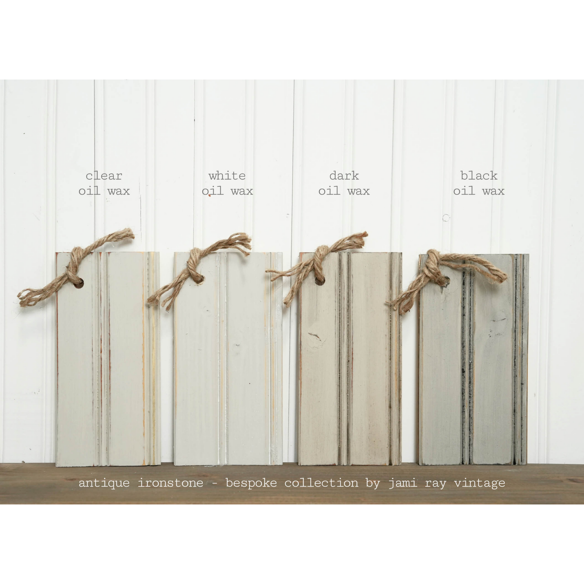 "Antique Ironstone" Bespoke Collection by Sweet Pickins Milk Paint. Color curated by Jami Ray Vintage. Photo demonstrates color with assorted oil wax finishes. Available at Milton's Daughter.
