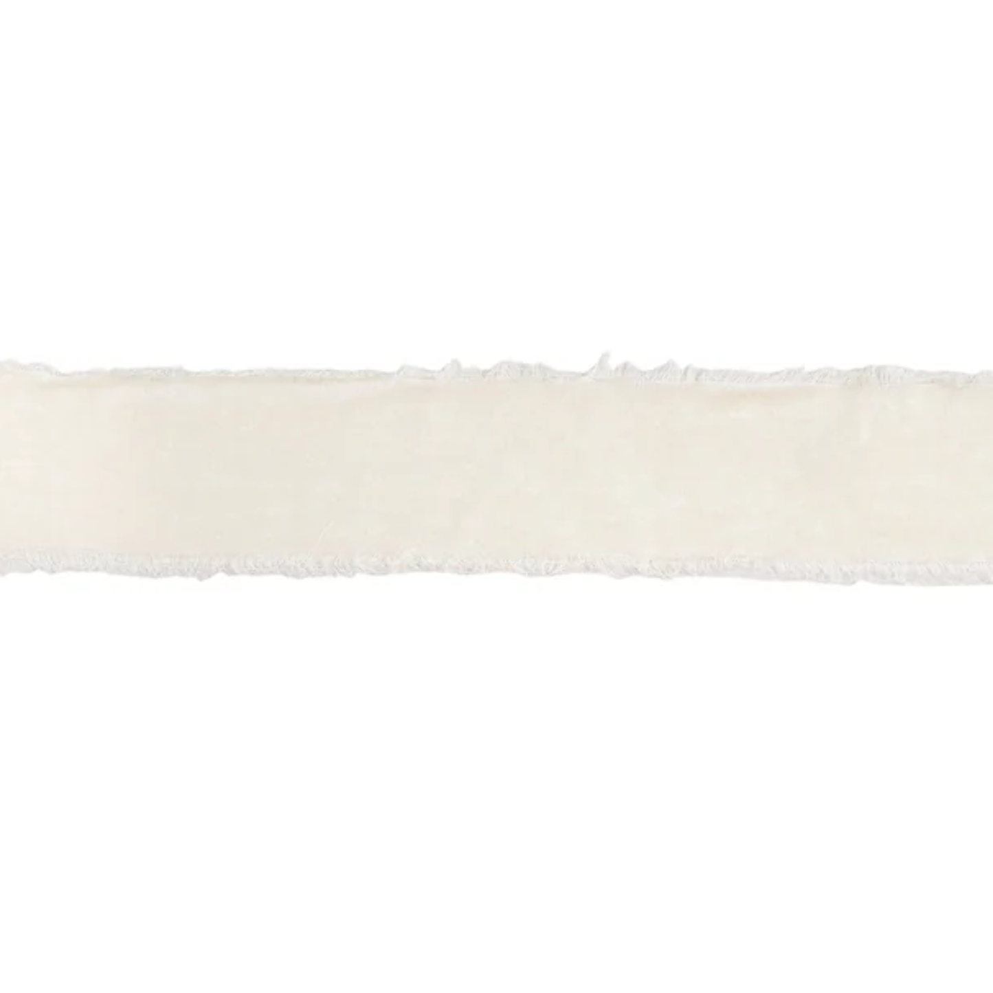 Close-up of a white velvet frayed edge ribbon on a white background