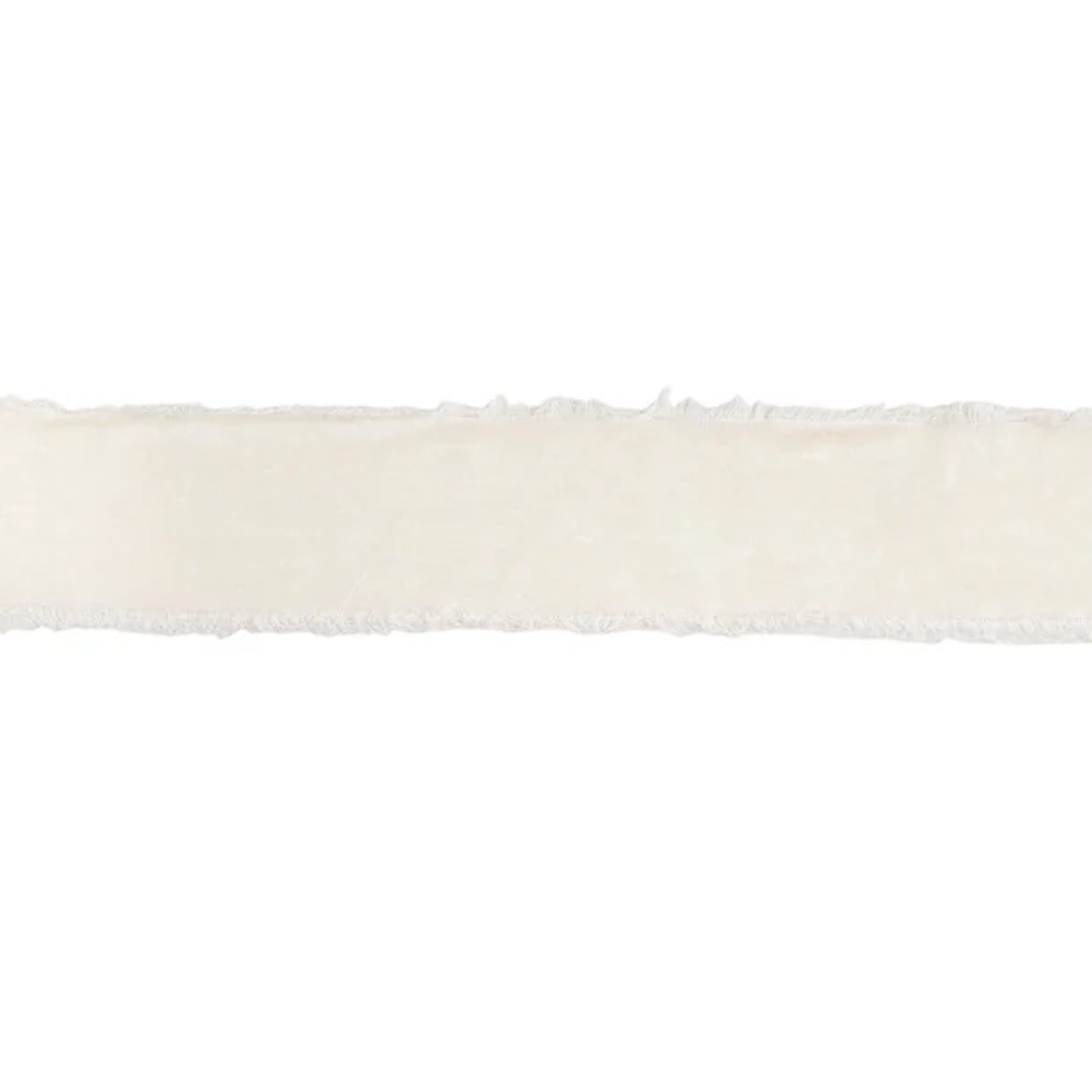 Close-up of a white velvet frayed edge ribbon on a white background