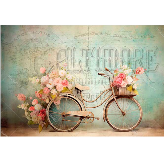 "Aqua Background Spring Bicycle" decoupage rice paper by Paper Designs. Available at Milton's Daughter.