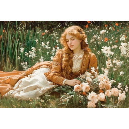 Woman in a red dress reclining among flowers in a garden.