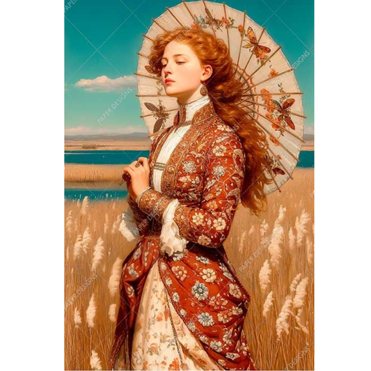 Woman in a vintage outfit holding a decorative parasol in a scenic setting with water and sky.