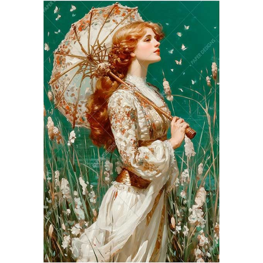 Woman in a white dress holding an umbrella in a floral setting.