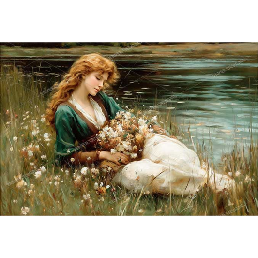 Woman reclining by the water with flowers and surrounded by nature.