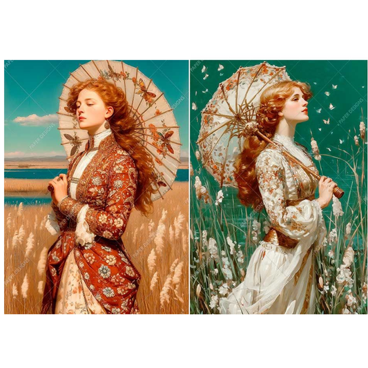 Two images of a woman in vintage attire holding an umbrella with a scenic background.