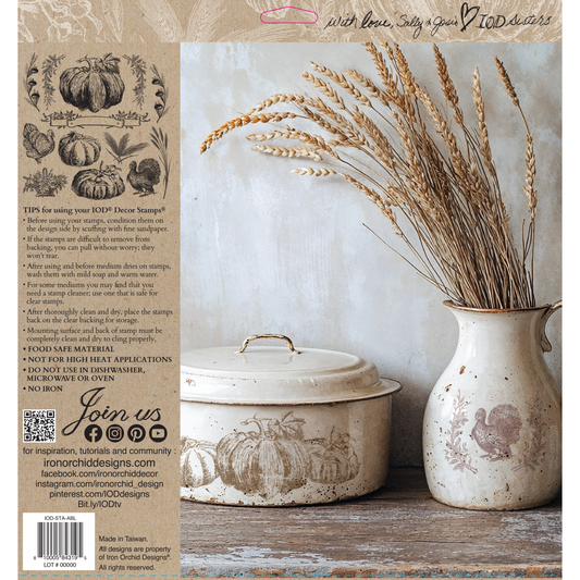 "Autumn Blessings" IOD Stamp by Iron Orchid Designs. Single sheet stamp. Back cover. Available at Milton's Daughter. Vintage-style illustrations of pumpkins, turkeys, and autumn elements.