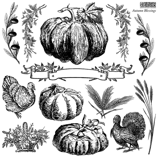"Autumn Blessings" IOD Stamp by Iron Orchid Designs. Single sheet stamp. Available at Milton's Daughter. Vintage-style illustrations of pumpkins, turkeys, and autumn elements.
