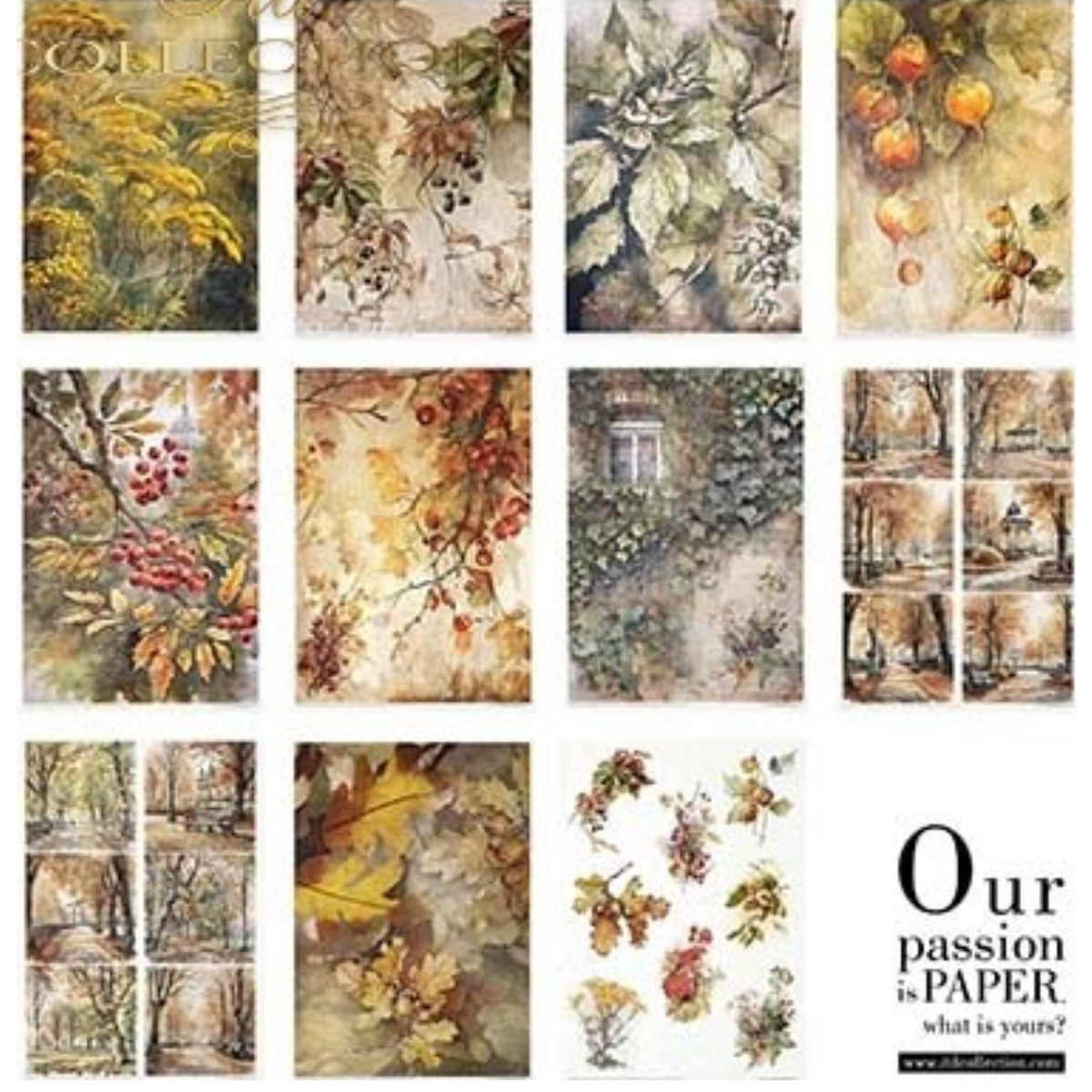 Autumn Love Story Decoupage Rice Paper Set from ITD Collection. Back cover detail Includes 11 pages of decoupage rice papers with fall foliage, berries and autumn scenes.