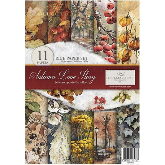 Autumn Love Story Decoupage Rice Paper Set from ITD Collection. Front Cover. Includes 11 pages of decoupage rice papers with fall foliage, berries and autumn scenes.