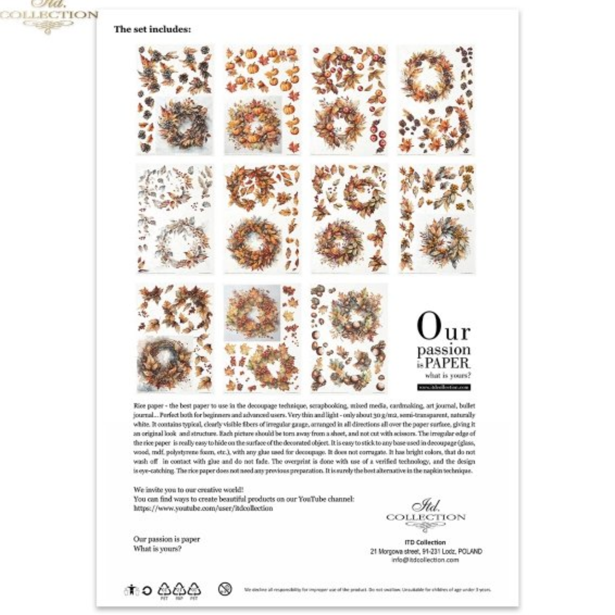 Autumn Wreath decoupage rice paper set from ITD collection, back cover. Features  11 pages of watercolor style illusrations of autumn leaves, pinecone, and berry patterns on a white background.