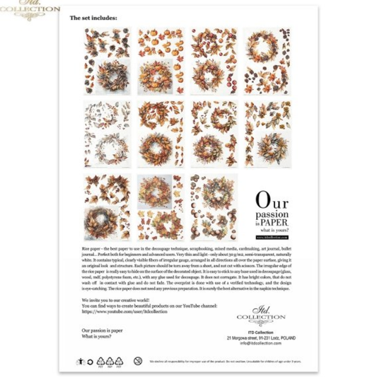 Autumn Wreath decoupage rice paper set from ITD collection, back cover. Features  11 pages of watercolor style illusrations of autumn leaves, pinecone, and berry patterns on a white background.