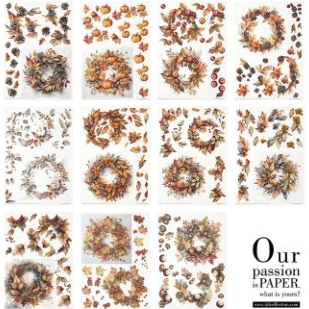 Autumn Wreath decoupage rice paper set from ITD collection, back cover detail. Features  11 pages of watercolor style illusrations of autumn leaves, pinecone, and berry patterns on a white background.