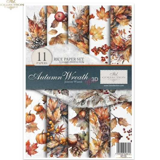 Autumn Wreath decoupage rice paper set from ITD collection, front cover. Features  11 pages of watercolor style illusrations of autumn leaves, pinecone, and berry patterns on a white background.