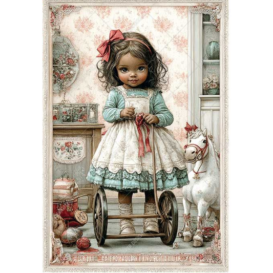 Illustration of a young girl with a toy horse and cart in a vintage room.