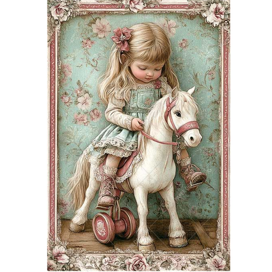 Illustration of a young girl riding a toy horse with floral decorations around.
