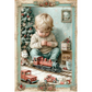 Vintage-style illustration of a child playing with toys near a Christmas tree.