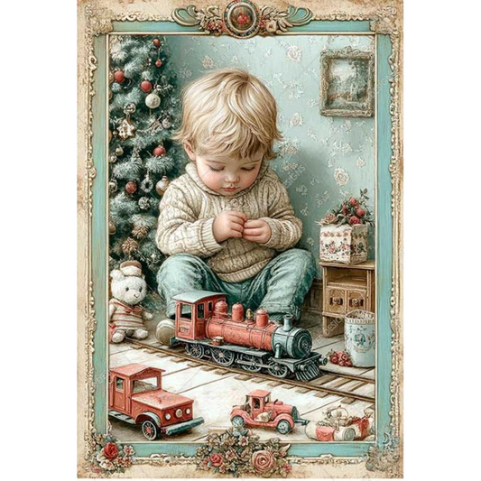 Vintage-style illustration of a child playing with toys near a Christmas tree.