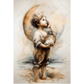 Artistic depiction of a young boy holding a shell to his ear against a textured background.