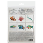 Back Cover of retail packaged set of mini decoupage rice papers, featuring six colorful watercolor fish illustrations on white paper. 