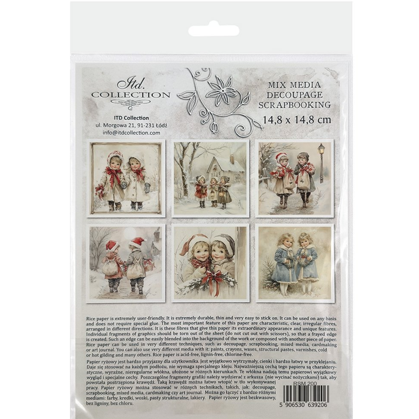 Back cover of mini rice paper set with images of little girls in winter clothing.