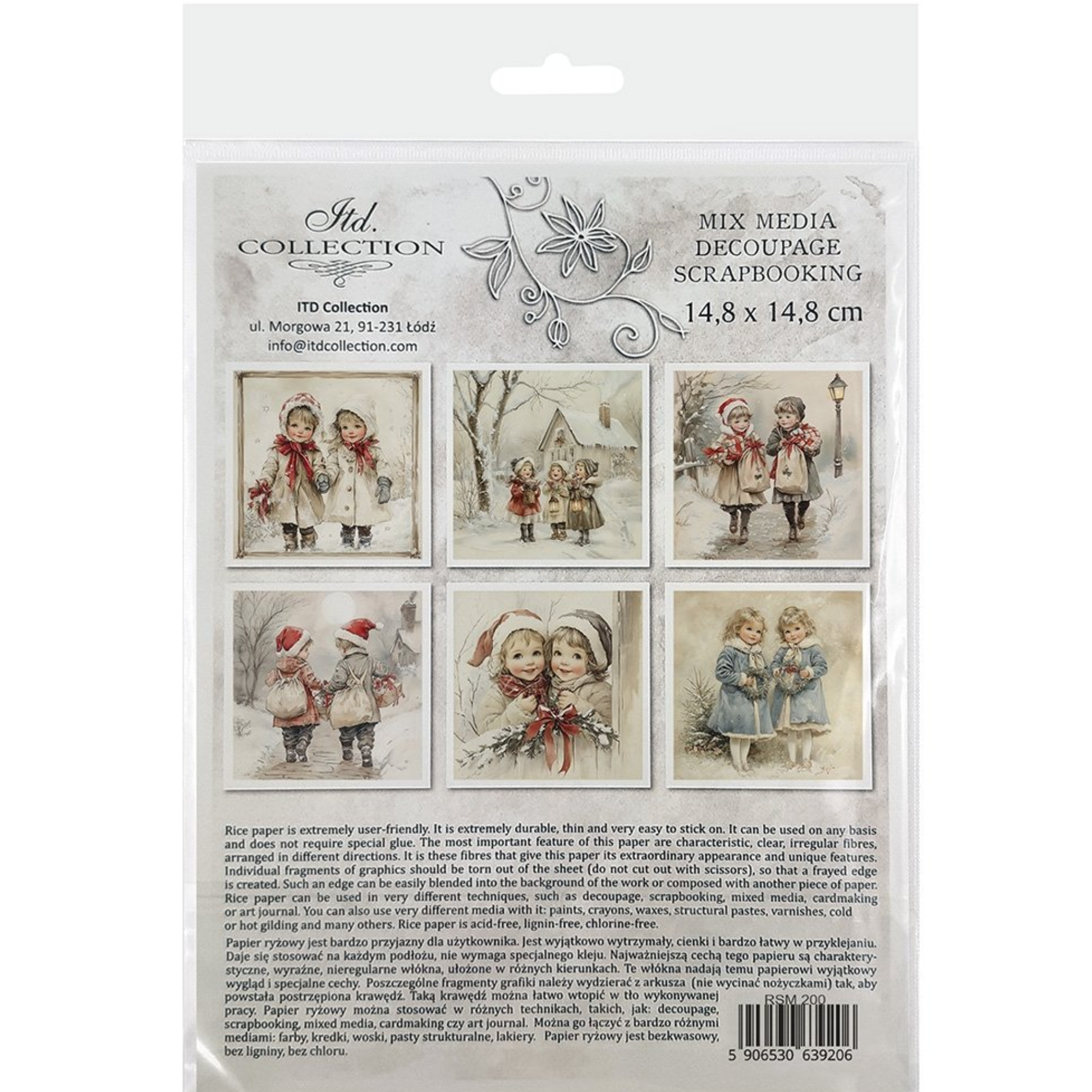 Back cover of mini rice paper set with images of little girls in winter clothing.