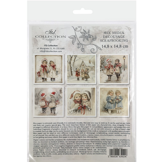 Back cover of mini rice paper set with images of little girls in winter clothing.