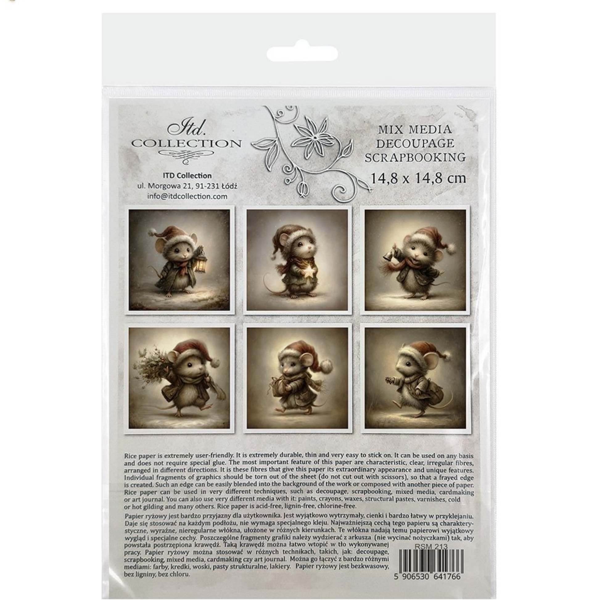 Image of back cover displaying contents of six holiday mouse themed images with printed text.