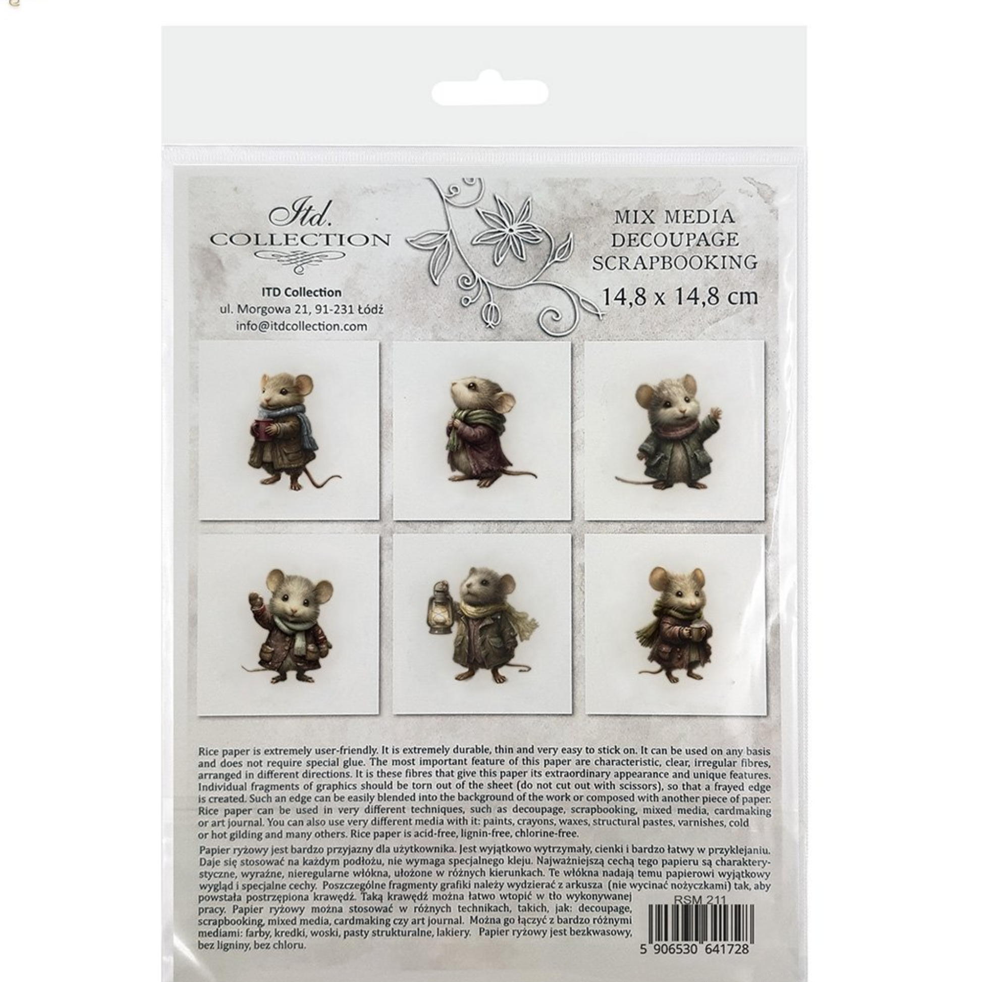 Back cover image with six winter mouse-themed images and printed text.