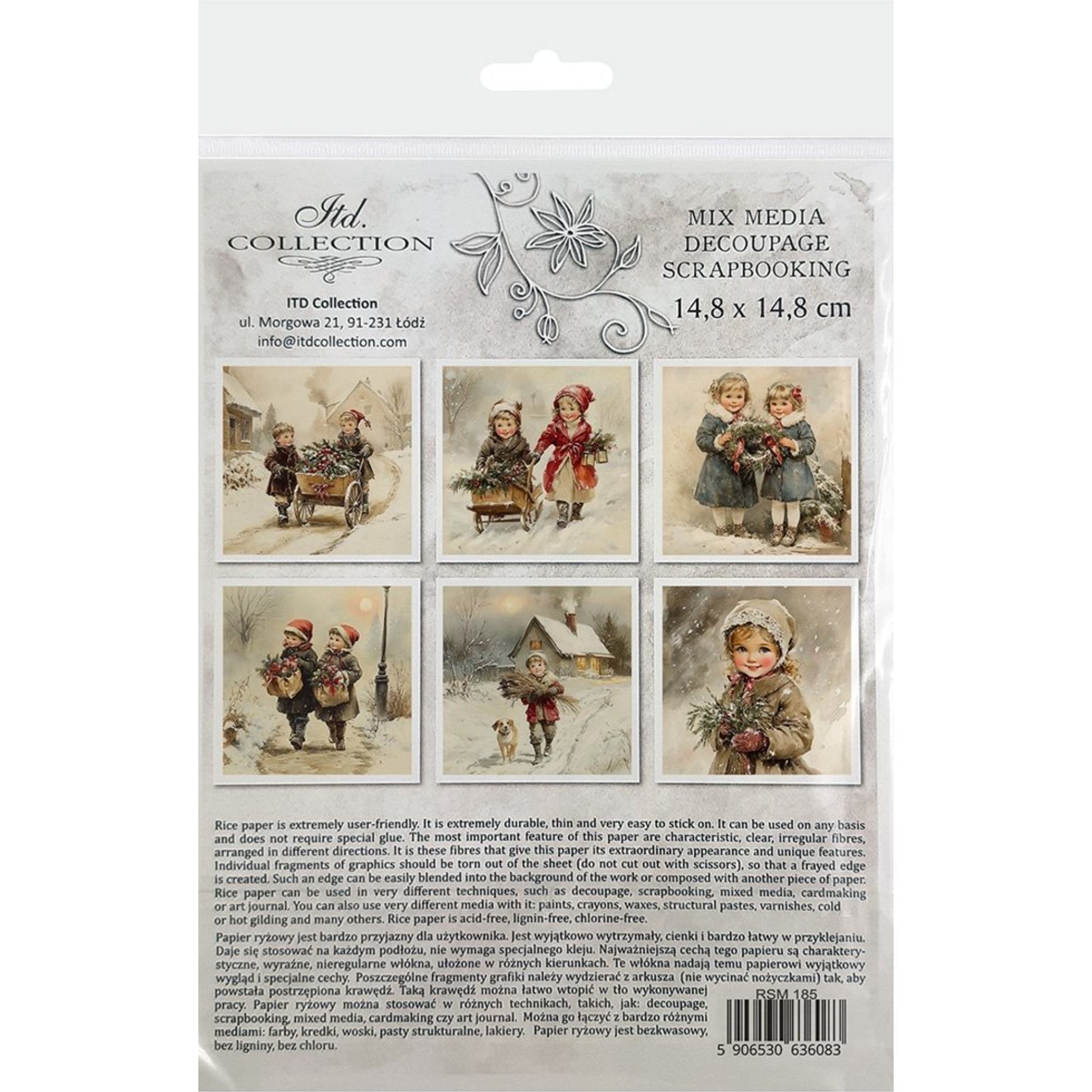 Packaging of decoupage scrapbooking paper with children in winter scenes on a white background.