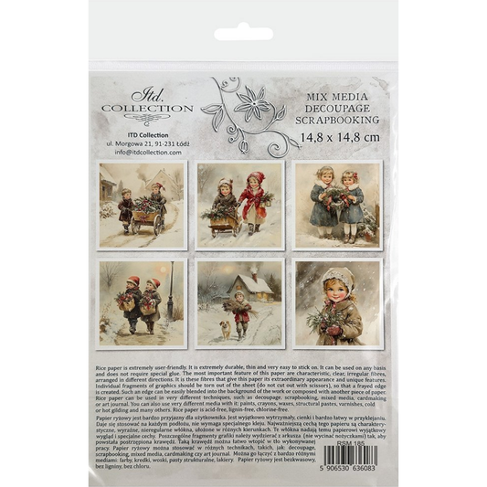 Packaging of decoupage scrapbooking paper with children in winter scenes on a white background.