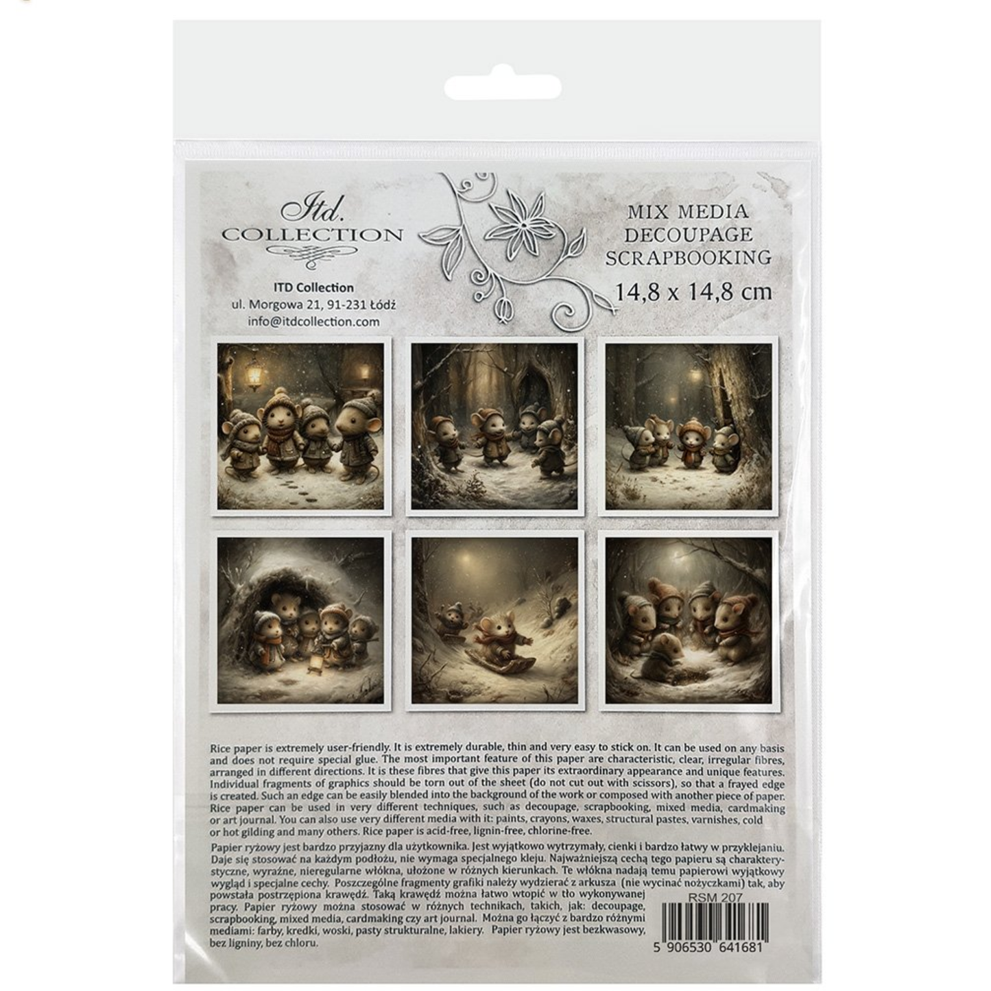 Back cover with six mouse themed illustrations in winter forest setting with printed text.