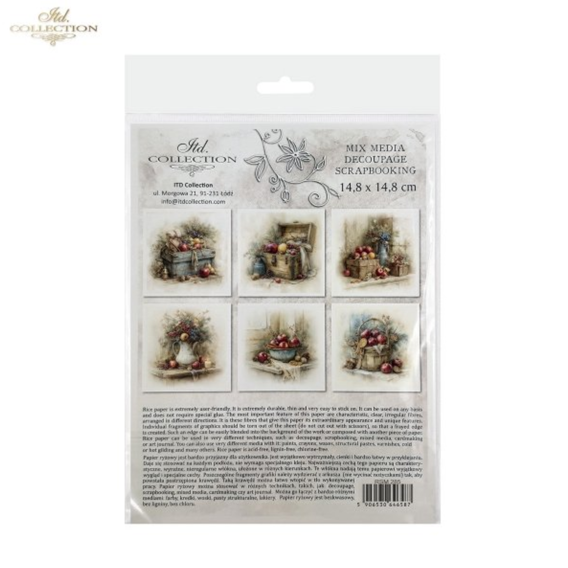 A packaged mini rice paper set from ITD Collection featuring six images with vintage floral and rustic still-life illustrations. Back cover.