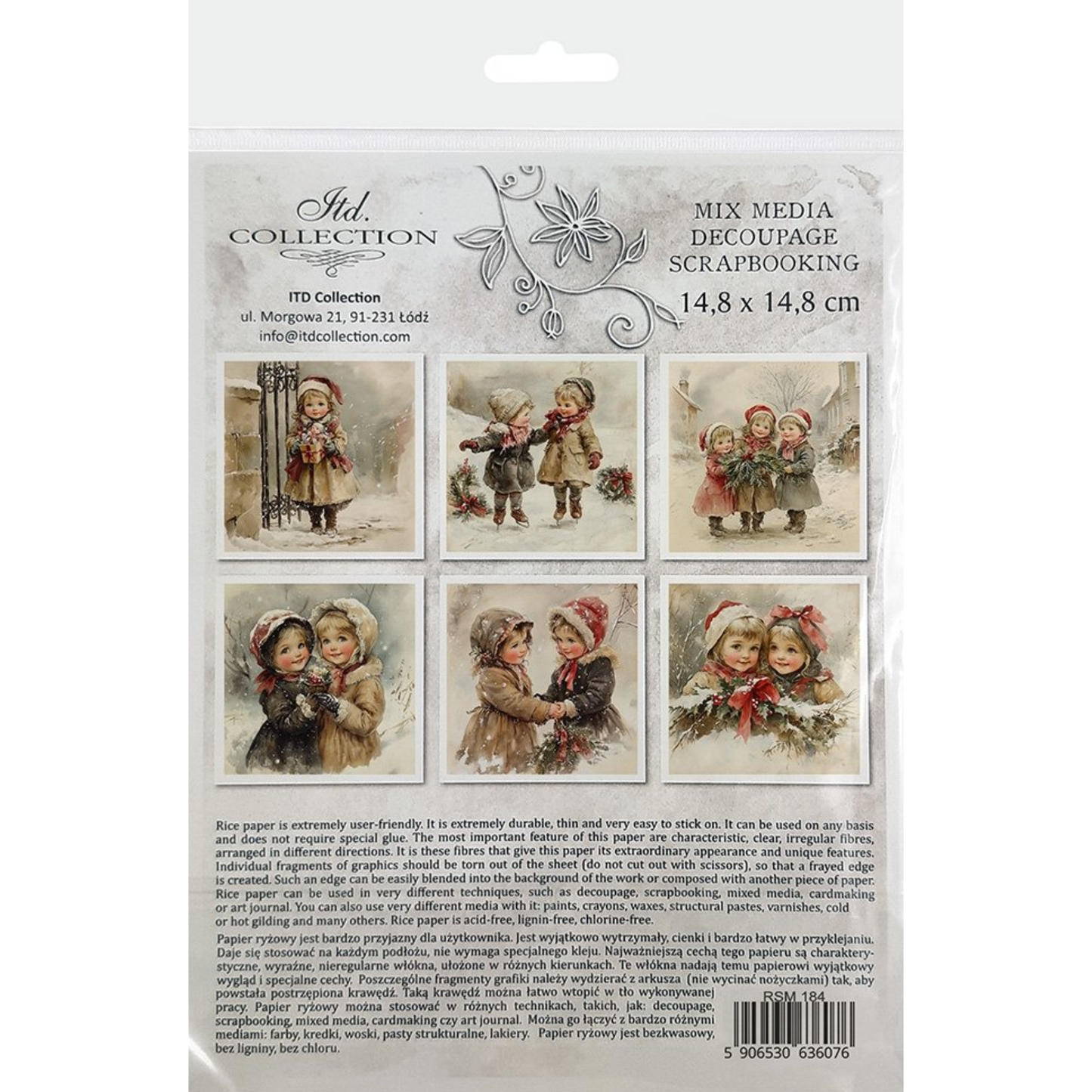 Back cover packaging with images of children playing in the snow on a white background